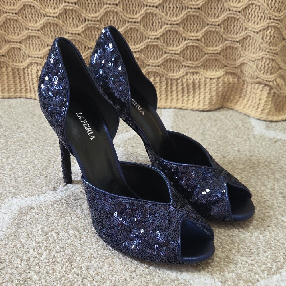 La Perla Navy Blue Sequined Julia Haart D'Orsay Pumps - Size 9 (Italian 40)
